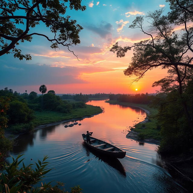 A breathtaking view of the Sundarbans, showcasing the lush green mangrove forests and a serene river winding through the landscape