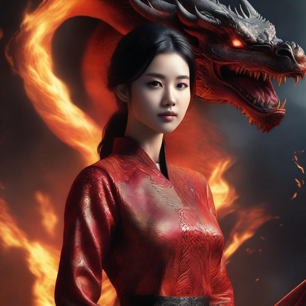 A hyper-realistic digital art capturing a strikingly beautiful Asian girl standing in front of a massive fire-element dragon