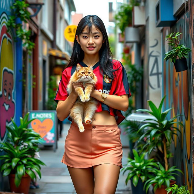 A trendy Asian girl of Indonesian and Japanese heritage, dressed in a fashionable mini short skirt paired with a cropped AC Milan jersey, which emphasizes her stylish belly button piercing