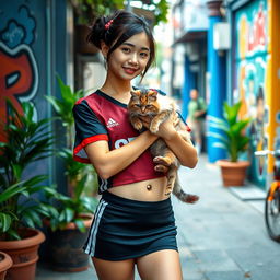A trendy Asian girl of Indonesian and Japanese heritage, dressed in a fashionable mini short skirt paired with a cropped AC Milan jersey, which emphasizes her stylish belly button piercing
