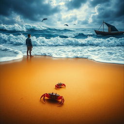 A dramatic seaside scene depicting a tumultuous ocean with crashing, foamy waves against a wet sandy beach