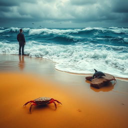 A dramatic seaside scene depicting a tumultuous ocean with crashing, foamy waves against a wet sandy beach