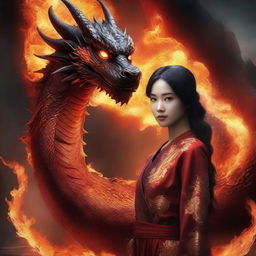 A hyper-realistic digital art capturing a strikingly beautiful Asian girl standing in front of a massive fire-element dragon