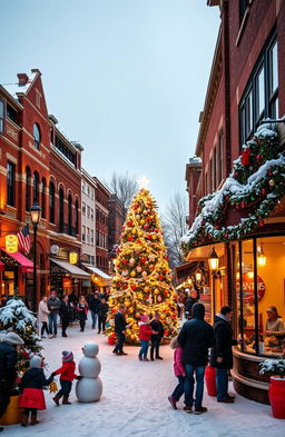 A picturesque modern Indiana town during Christmas, decorated with colorful lights and festive decorations