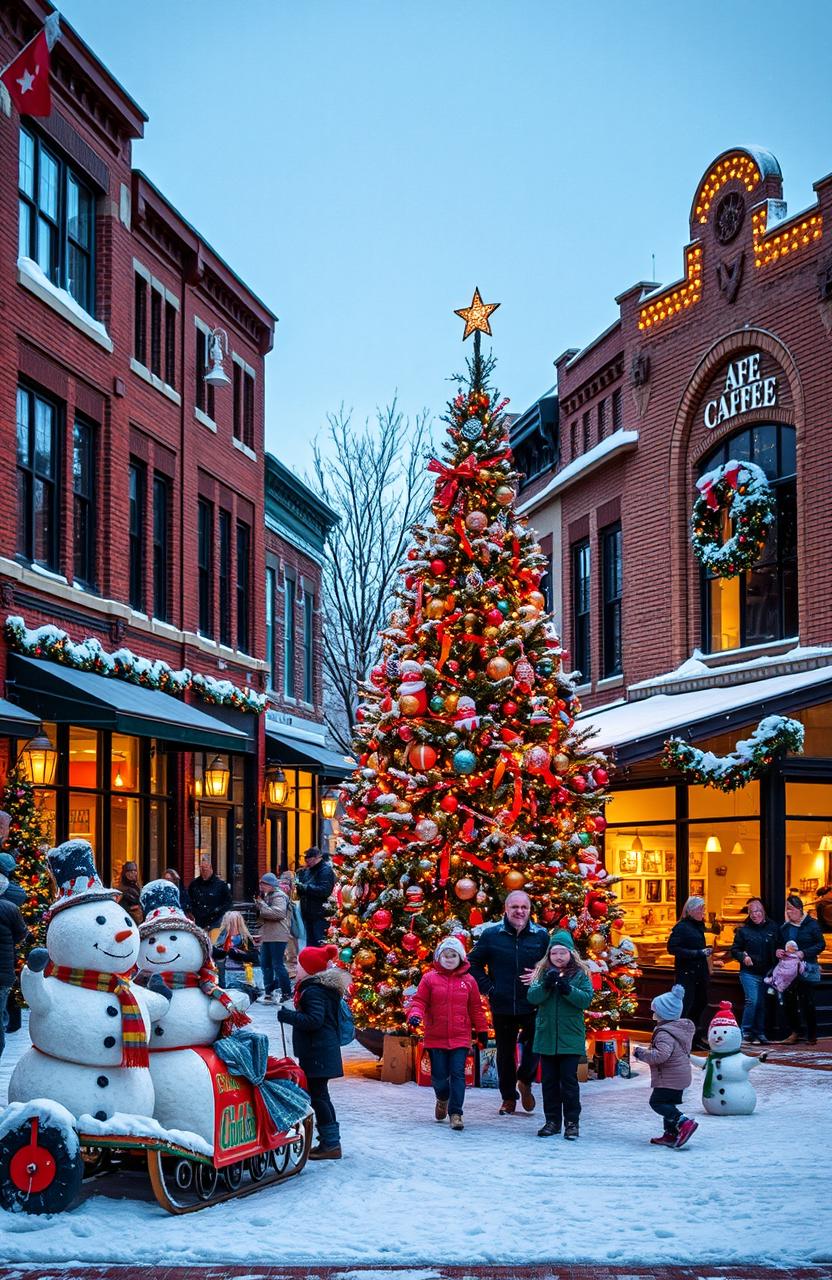 A picturesque modern Indiana town during Christmas, decorated with colorful lights and festive decorations