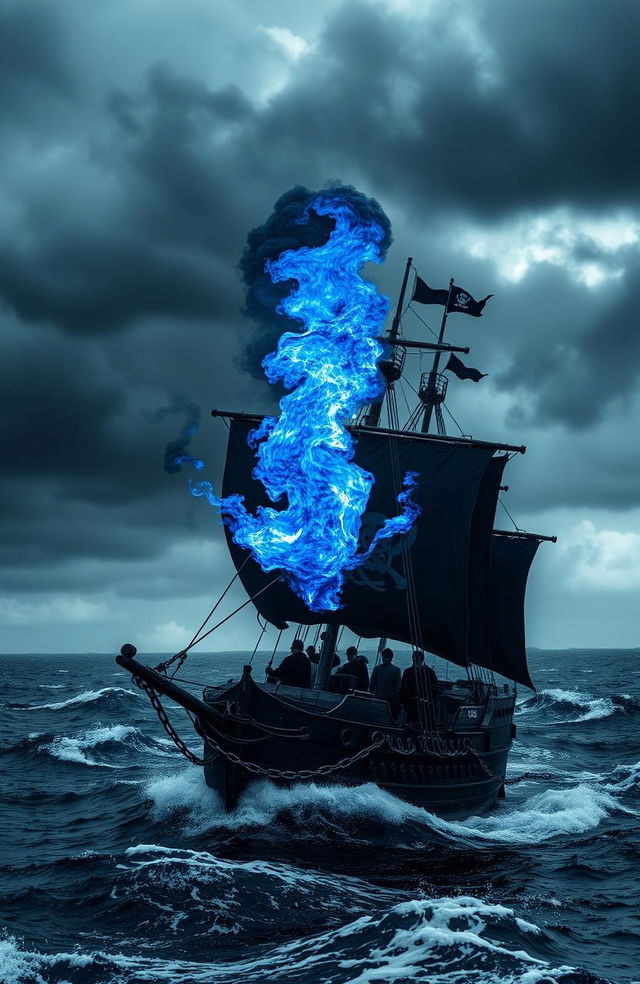 A dramatic scene featuring a black pirate ship sailing through turbulent waters