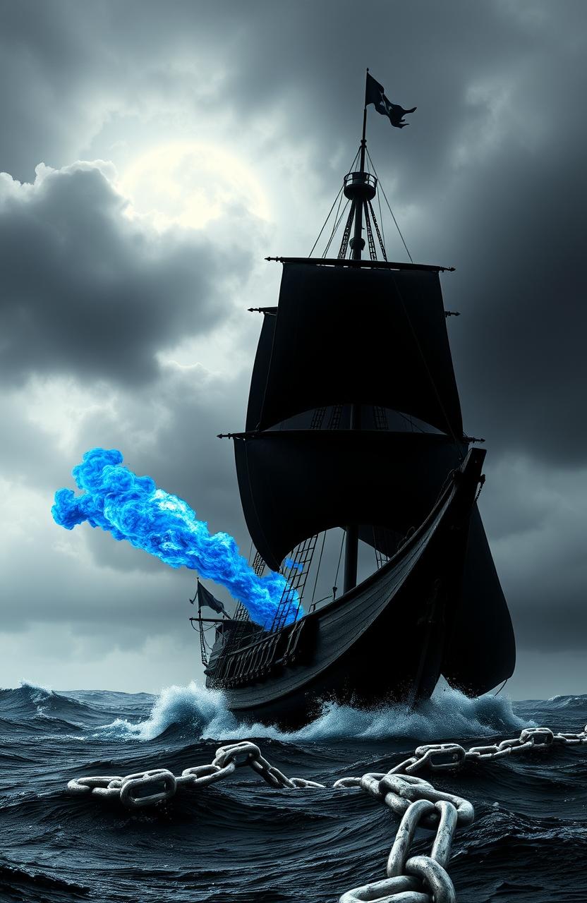A dramatic scene featuring a black pirate ship sailing through turbulent waters