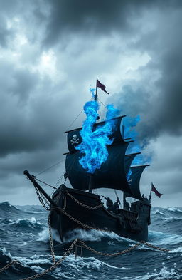 A dramatic scene featuring a black pirate ship sailing through turbulent waters