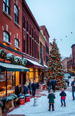 A picturesque modern Indiana town during Christmas, decorated with colorful lights and festive decorations