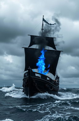 A dramatic scene featuring a black pirate ship sailing through turbulent waters
