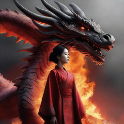 A hyper-realistic digital art capturing a stunningly beautiful Korean woman standing in front of a massive fire-element dragon