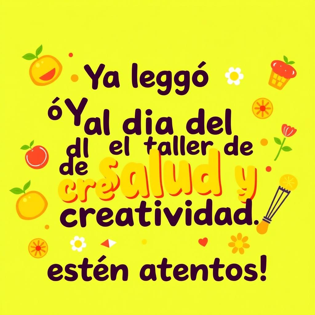 A bright and colorful poster featuring the phrase '¡Ya llegó el día del taller de salud y creatividad, estén atentos!' prominently displayed