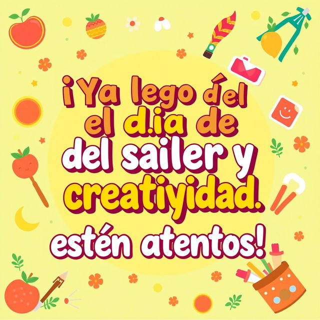 A bright and colorful poster featuring the phrase '¡Ya llegó el día del taller de salud y creatividad, estén atentos!' prominently displayed