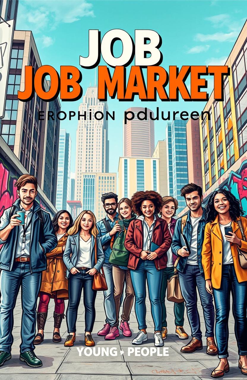 A captivating book cover for a publication focusing on the job market for young people, featuring a diverse group of young adults engaged in various professional activities