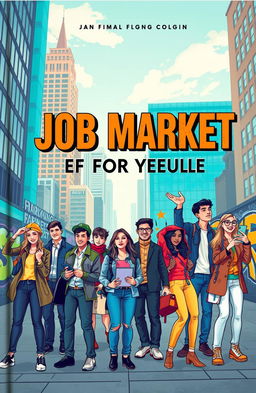 A captivating book cover for a publication focusing on the job market for young people, featuring a diverse group of young adults engaged in various professional activities