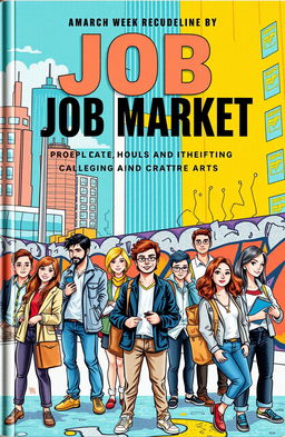 A captivating book cover for a publication focusing on the job market for young people, featuring a diverse group of young adults engaged in various professional activities