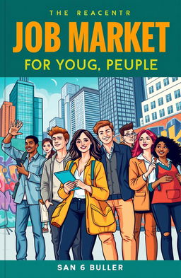 A captivating book cover for a publication focusing on the job market for young people, featuring a diverse group of young adults engaged in various professional activities