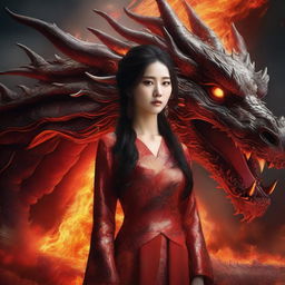 A hyper-realistic digital art capturing a stunningly beautiful Korean woman standing in front of a massive fire-element dragon