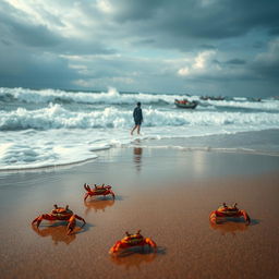 A dramatic seascape capturing a tumultuous ocean with crashing foamy waves and a wet sandy beach