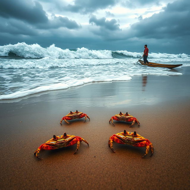 A dramatic seascape capturing a tumultuous ocean with crashing foamy waves and a wet sandy beach