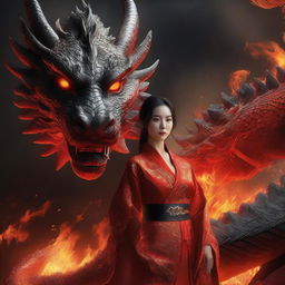 A hyper-realistic digital art capturing a stunningly beautiful Korean woman standing in front of a massive fire-element dragon