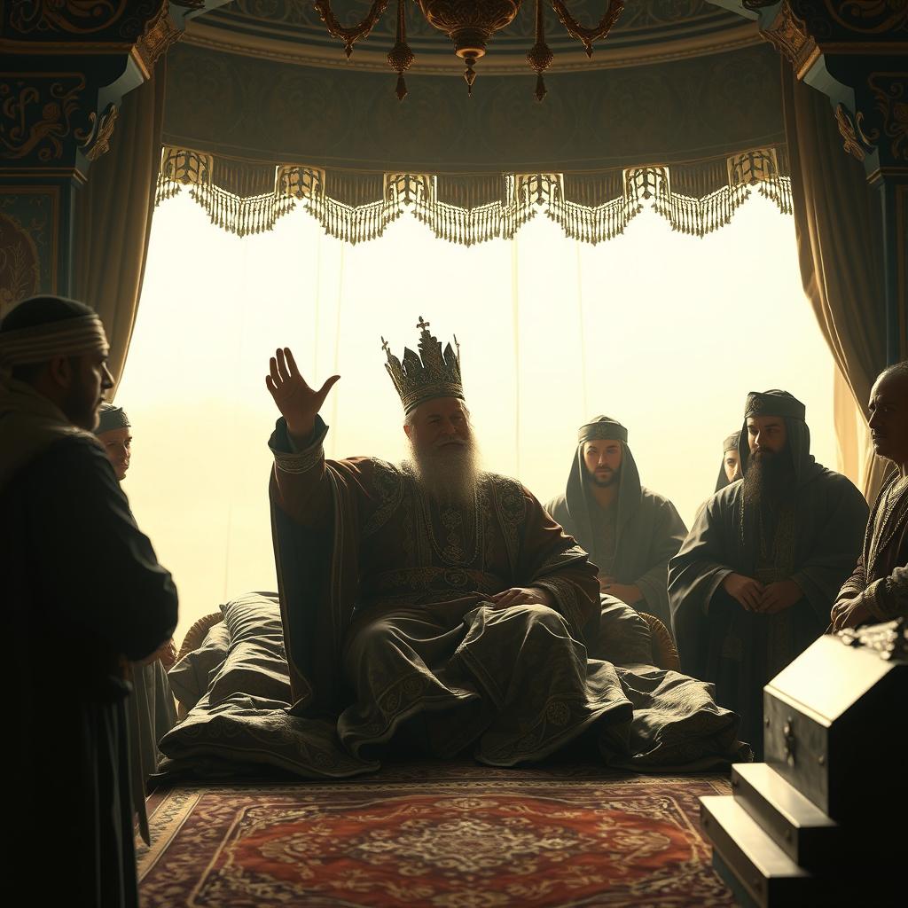 A melancholy and reflective scene of a majestic historical figure resembling Sultan Suleiman the Magnificent on his deathbed, surrounded by loyal courtiers and advisors, expressing his final wisdom