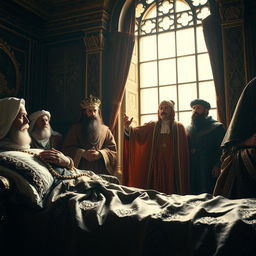 A melancholy and reflective scene of a majestic historical figure resembling Sultan Suleiman the Magnificent on his deathbed, surrounded by loyal courtiers and advisors, expressing his final wisdom