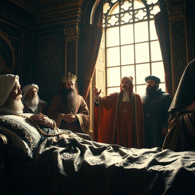A melancholy and reflective scene of a majestic historical figure resembling Sultan Suleiman the Magnificent on his deathbed, surrounded by loyal courtiers and advisors, expressing his final wisdom