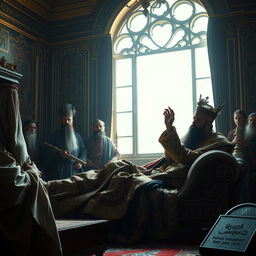 A melancholy and reflective scene of a majestic historical figure resembling Sultan Suleiman the Magnificent on his deathbed, surrounded by loyal courtiers and advisors, expressing his final wisdom