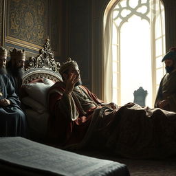 A melancholy and reflective scene of a majestic historical figure resembling Sultan Suleiman the Magnificent on his deathbed, surrounded by loyal courtiers and advisors, expressing his final wisdom