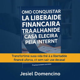 A visually appealing ebook cover design featuring the title 'Como Conquistar Sua Liberdade Financeira Trabalhando em Casa Pela Internet' prominently displayed