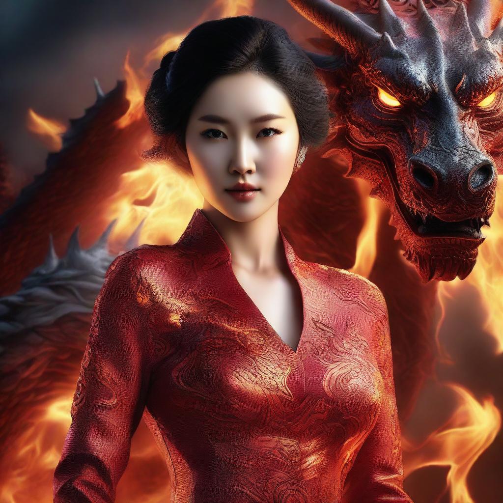 A hyper-realistic digital art capturing a stunningly beautiful Korean woman standing in front of a massive fire-element dragon