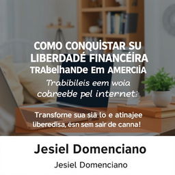 A visually appealing ebook cover design featuring the title 'Como Conquistar Sua Liberdade Financeira Trabalhando em Casa Pela Internet' prominently displayed
