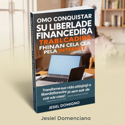 A visually appealing ebook cover design featuring the title 'Como Conquistar Sua Liberdade Financeira Trabalhando em Casa Pela Internet' prominently displayed