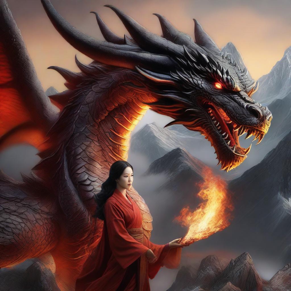 A hyper-realistic digital art featuring a breathtakingly beautiful Korean woman standing in front of a gigantic fire-element dragon in a mountainous landscape