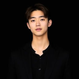 A portrait of BTS member Kim Taehyung, dressed in a stylish black shirt and a sleek black suit