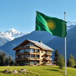 A picturesque scene featuring a multi-story eco-friendly house set against the backdrop of stunning mountains