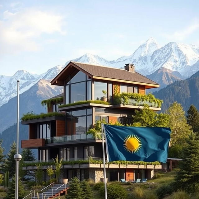 A picturesque scene featuring a multi-story eco-friendly house set against the backdrop of stunning mountains