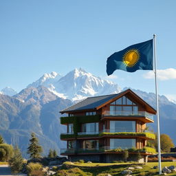 A picturesque scene featuring a multi-story eco-friendly house set against the backdrop of stunning mountains