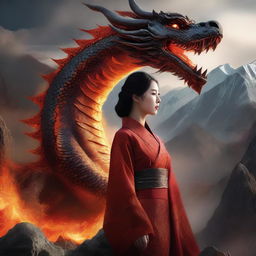 A hyper-realistic digital art featuring a breathtakingly beautiful Korean woman standing in front of a gigantic fire-element dragon in a mountainous landscape