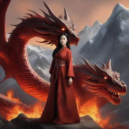 A hyper-realistic digital art featuring a breathtakingly beautiful Korean woman standing in front of a gigantic fire-element dragon in a mountainous landscape