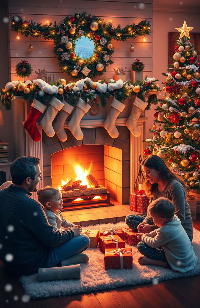 A cozy and enchanting Christmas scene featuring a beautifully decorated fireplace