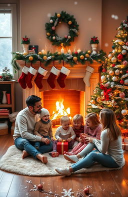 A cozy and enchanting Christmas scene featuring a beautifully decorated fireplace