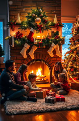 A cozy and enchanting Christmas scene featuring a beautifully decorated fireplace