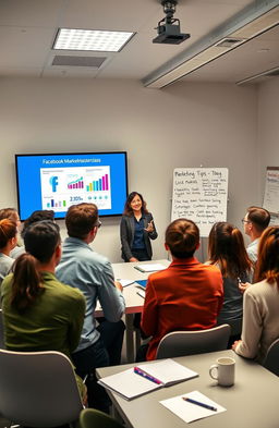 A vibrant and engaging scene depicting a Facebook marketing masterclass
