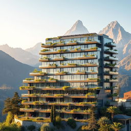 A captivating scene showcasing a 10-story eco-friendly building, designed with modern architecture emphasizing sustainability