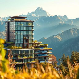 A captivating scene showcasing a 10-story eco-friendly building, designed with modern architecture emphasizing sustainability