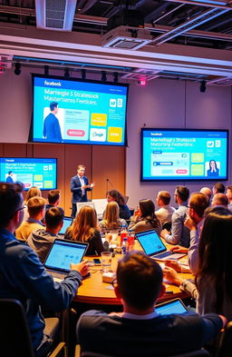 A vibrant and engaging scene depicting a Facebook marketing masterclass in action