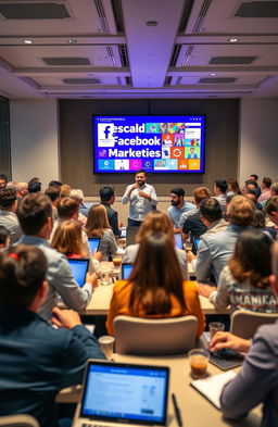 A vibrant and engaging scene depicting a Facebook marketing masterclass in action
