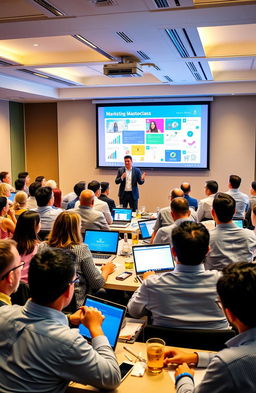 A vibrant and engaging scene depicting a Facebook marketing masterclass in action